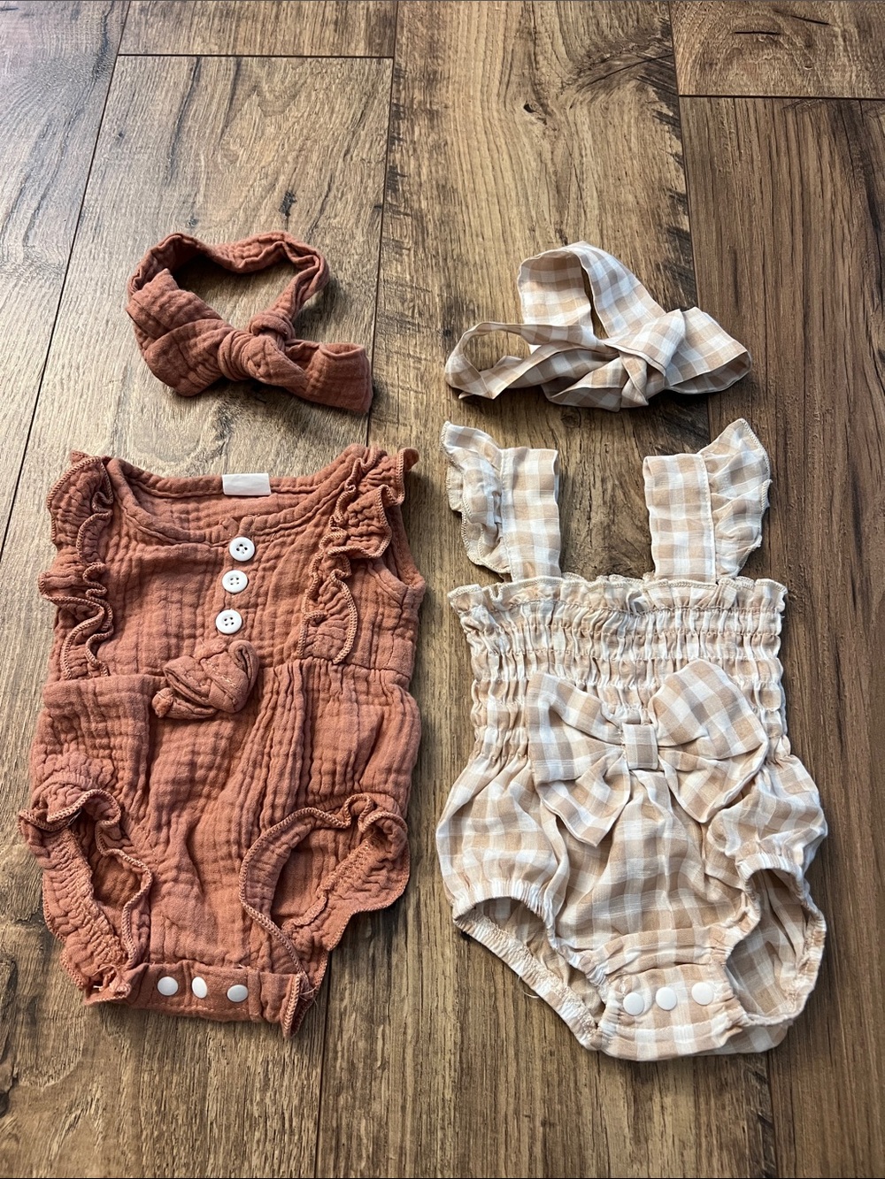 Rust Ruffle Baby Romper & Cream Bow Romper with Bows - Set of 2